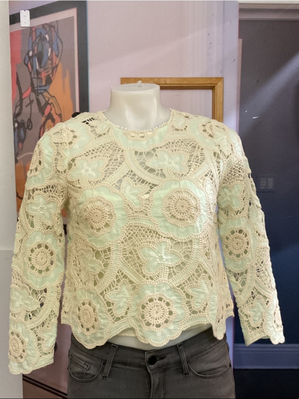 HUNTER BELL Cream Crochet Lace Top with Mint Underlay